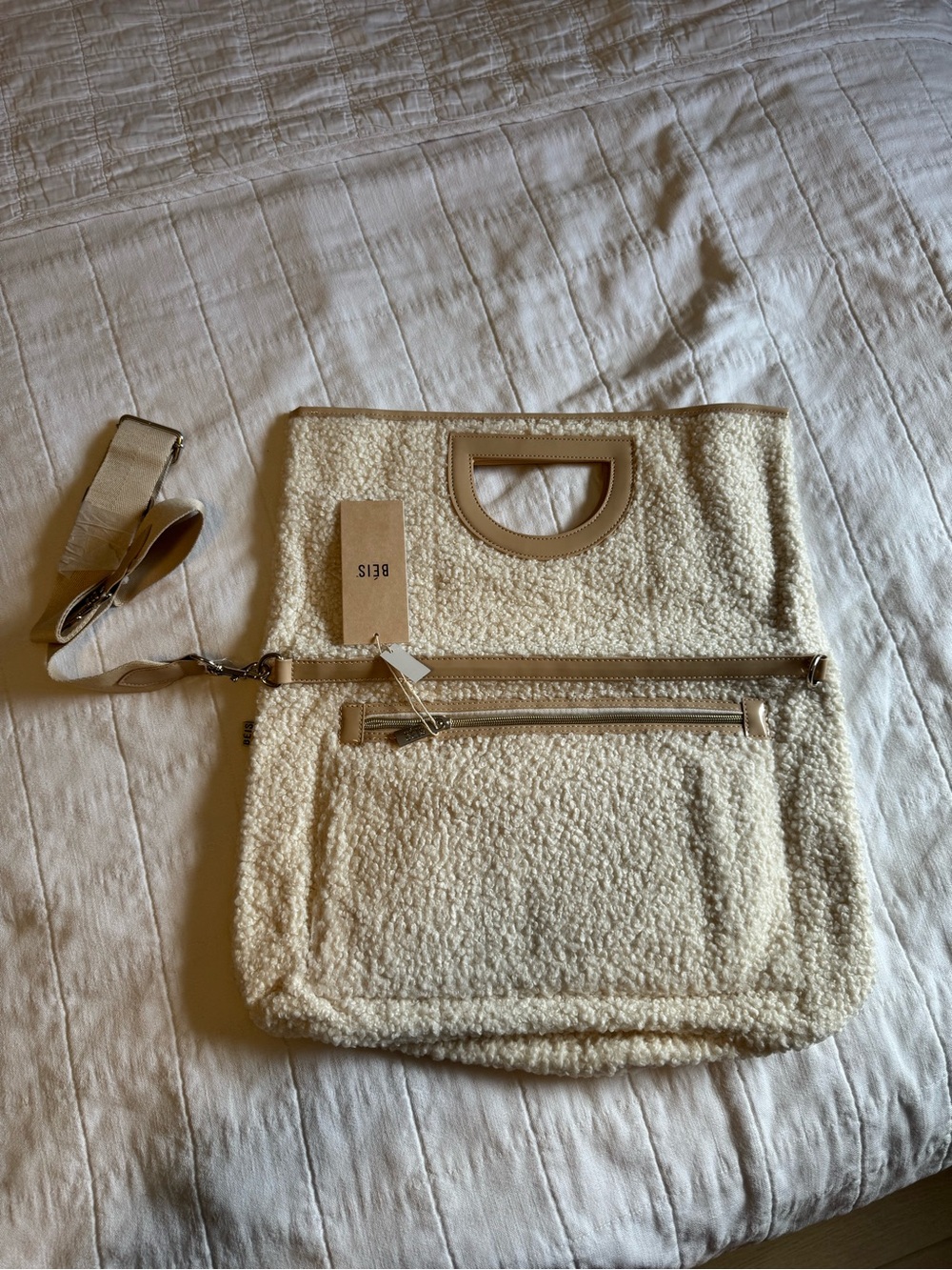 BEIS Cream Sherpa Foldover Tote with Detachable Strap
